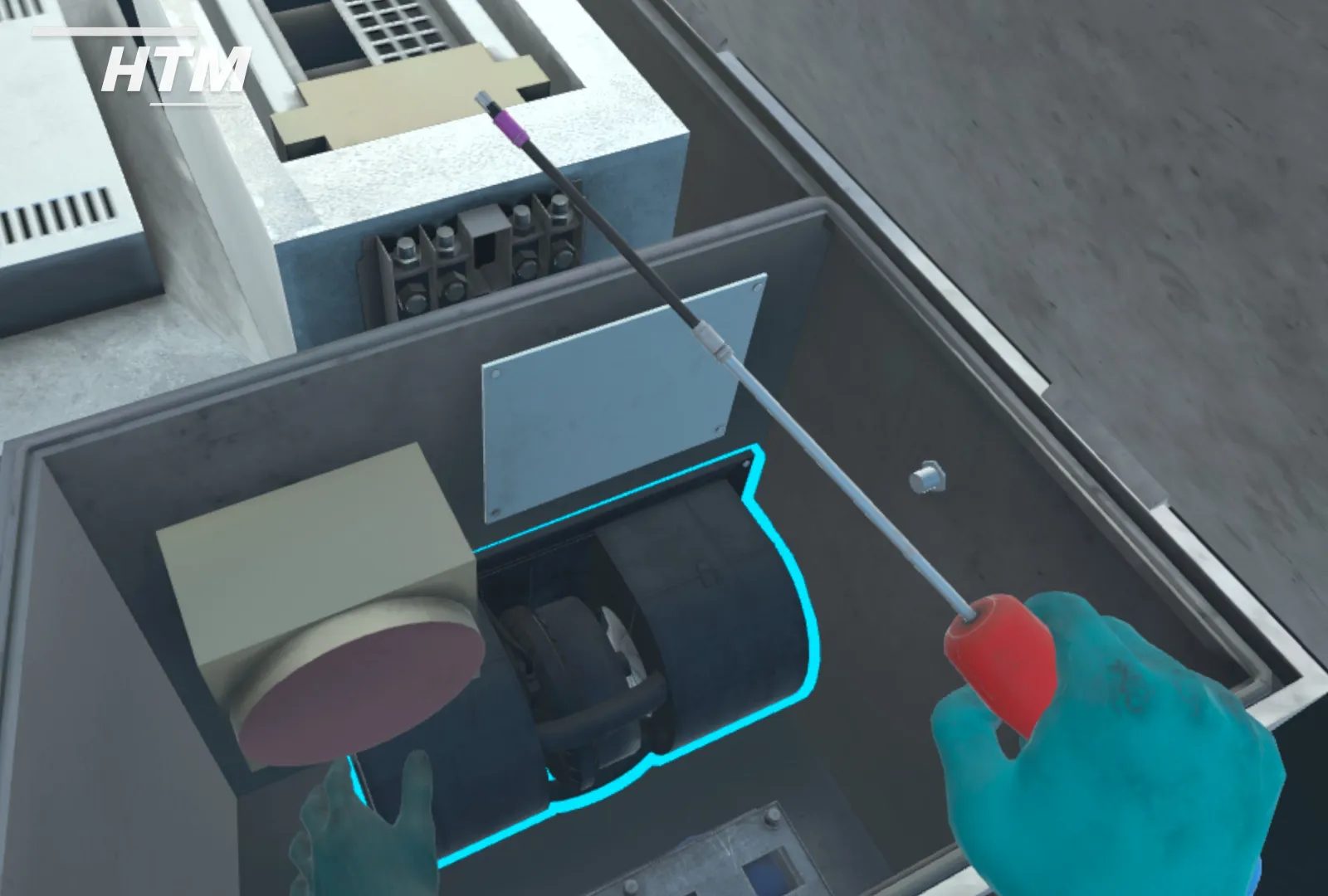 VR view of a virtual hand holding a screwdriver inside an electrical cabinet, with the next part highlighted in cyan.