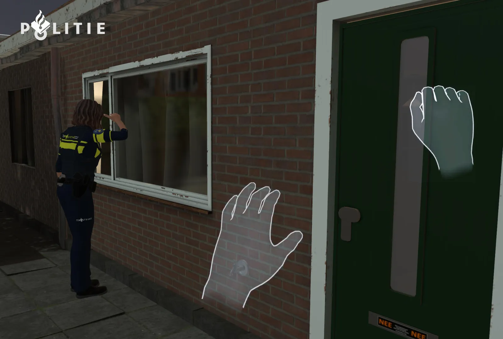 VR view of a street with a police officer at a window and two virtual hands reaching for a front door.