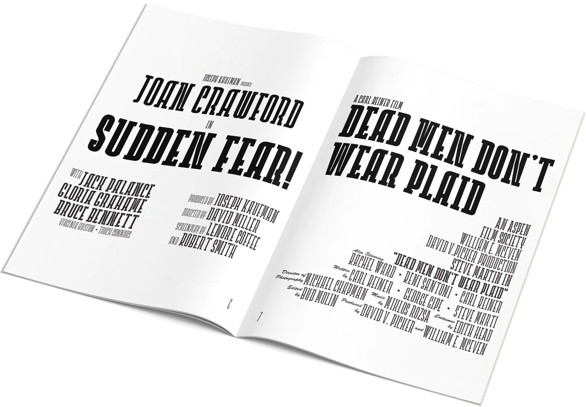 Open booklet with bold condensed film-poster typography on both pages.