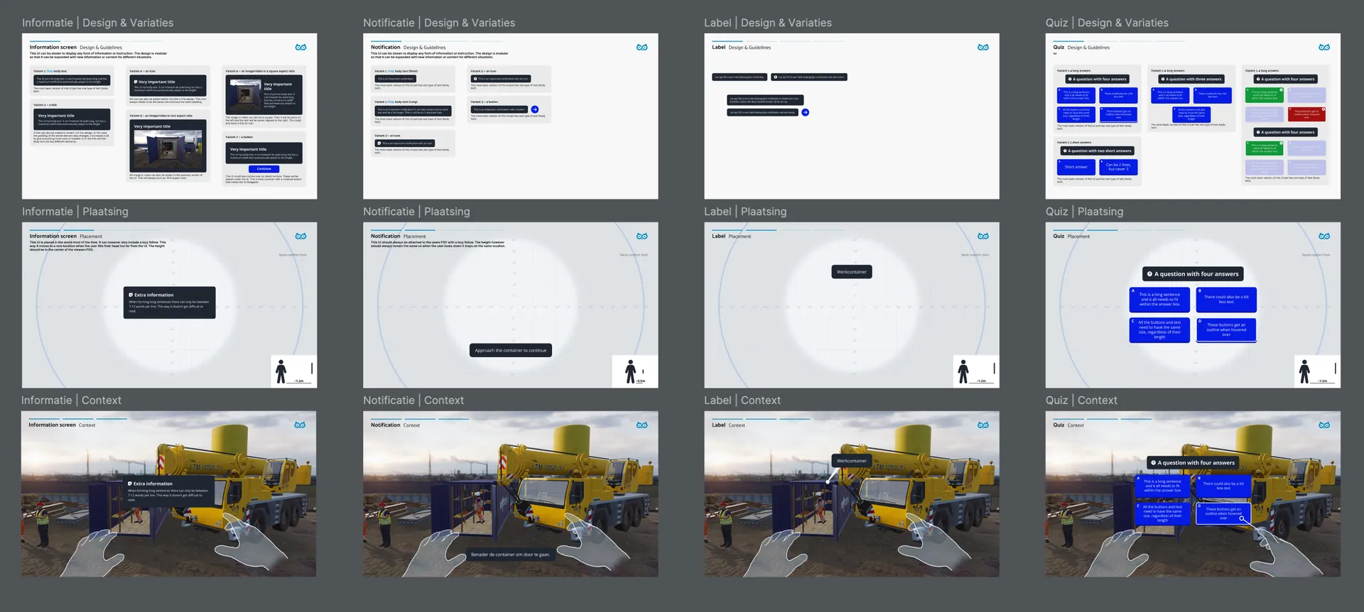 Framework overview showing UI components, their placement rules and how they look in a training scene.