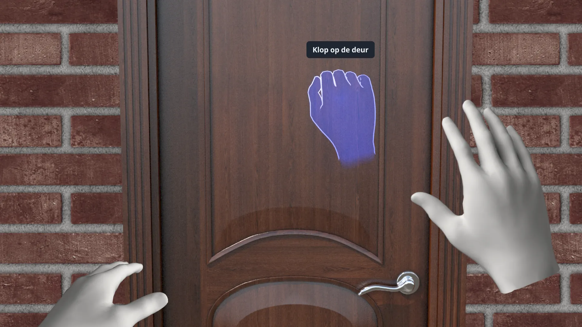 Virtual hand knocking on a door, with a visual cue showing where to interact.