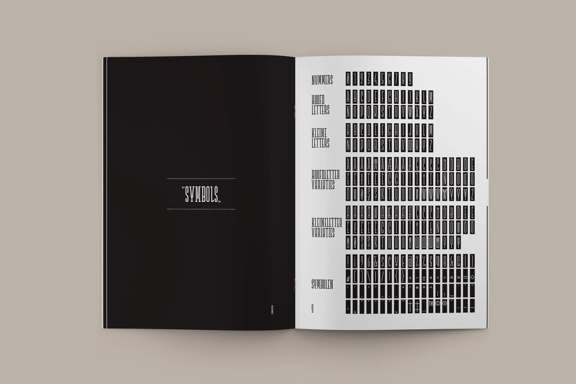 Booklet spread with a systematic overview of characters.