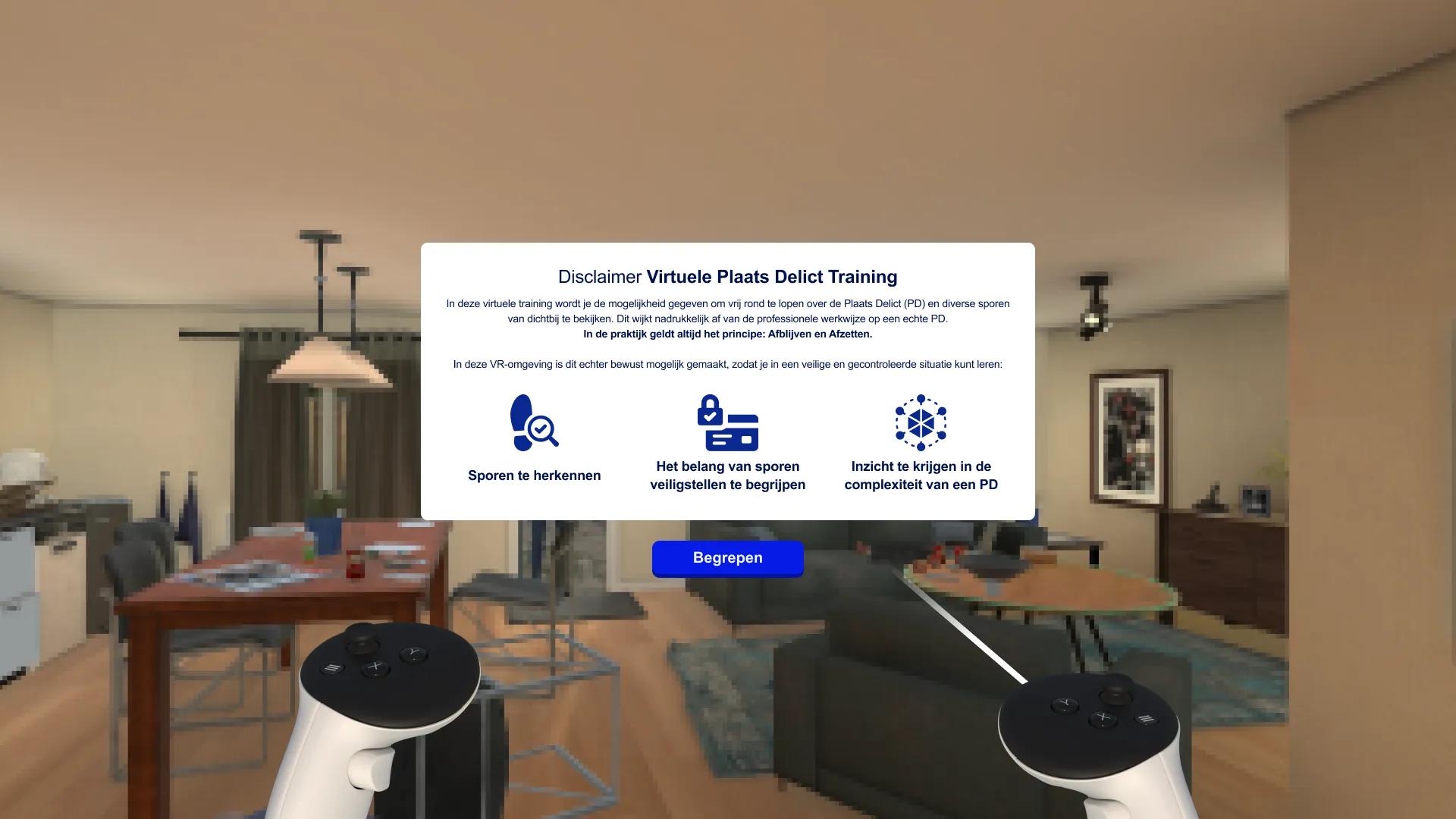 In-VR disclaimer panel styled in the Dutch Police visual identity.